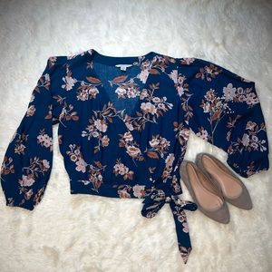 American Eagle Blue Floral Tie Waist Wrap Top